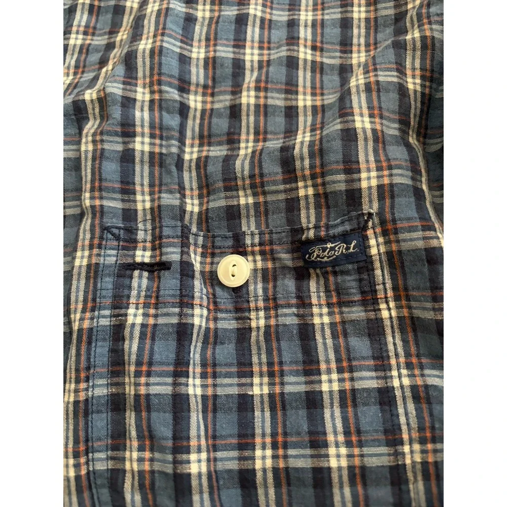 Polo Ralph Lauren Linen Blend Plaid Shirt Mens XXL Long Sleeve Button Down Blue